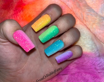 Sour Skittles // Rainbow Ombré Sugar Glitter Spring Easter Press On Nails Hand Painted False Nails