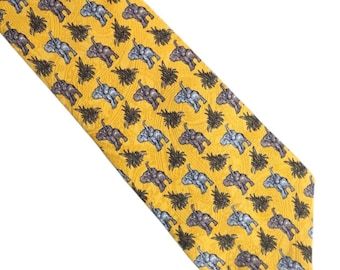 Gelber Elefant Seidenkrawatte, Krawatte aus 100% italienischer Seide von Firenze, Luxus Animal Print
