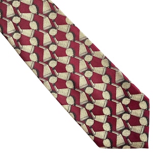 May include: A red silk tie with a repeating pattern of gold golf clubs and white golf balls.