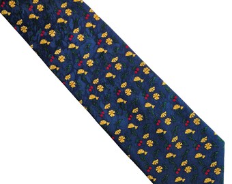 May include: A blue silk tie with a repeating pattern of yellow flowers and red berries.