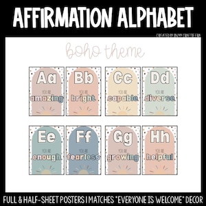May include: A set of eight affirmation alphabet posters in a boho theme. Each poster features a letter, a positive word, and the phrase "You are." The color palette includes pastel shades of pink, blue, and yellow with a sunburst design.