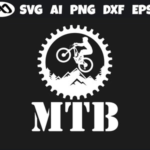 May include: A white silhouette of a mountain biker riding a mountain bike over a mountain range, inside a white gear cog. The text "MTB" is below the image.