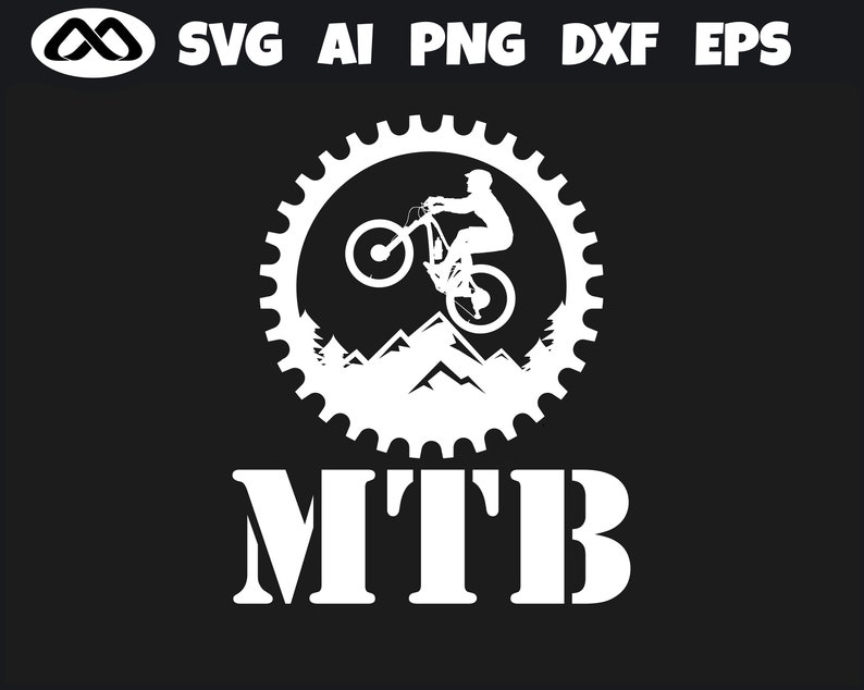 May include: A white silhouette of a mountain biker riding a mountain bike over a mountain range, inside a white gear cog. The text "MTB" is below the image.