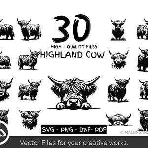 Highland Kuh SVG Bundle, 30 Bauernhof Tier Silhouette Dateien, rustikale Highland Rinder Clipart, PNG PDF Dxf Vektor Kunst, Bauernhaus Design Elemente