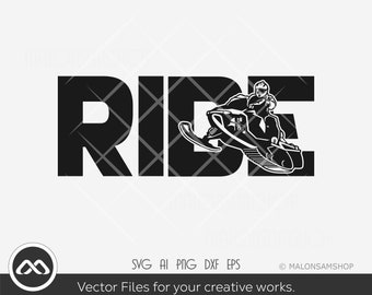 May include: Black and white silhouette of a snowmobile with a rider, the word "RIDE" is formed by the snowmobile and the rider.