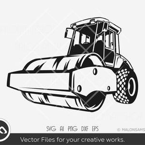 May include: Black and white illustration of a road roller, a heavy construction vehicle used to compact asphalt or gravel.