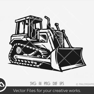 May include: Black and white illustration of a bulldozer with a large blade. The bulldozer has a detailed design with a large cab and tracks.