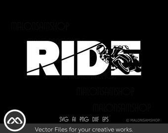 May include: Black and white graphic design of a motorcycle rider with the word "RIDE" in large white letters. The design is perfect for use on t-shirts, mugs, and other merchandise.