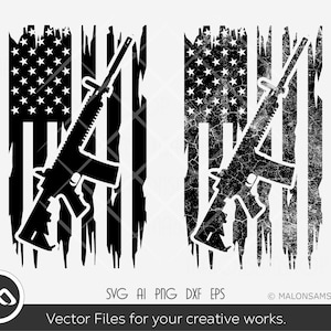 May include: A black and white distressed design of an American flag with a rifle overlaid on top. The design is perfect for a patriotic themed project.