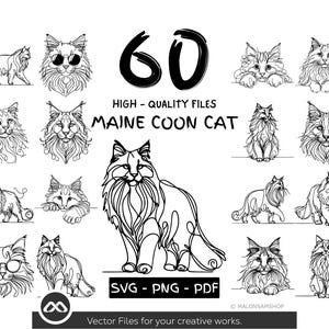 60 Maine Coon Cat SVG Bundle, Line Art Cat Clipart, Cute Cat PNG, Maine Coon Vector Files for Cricut, PDF Cat Drawing Files for Crafters