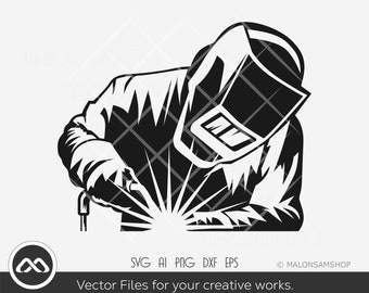 May include: Black and white illustration of a welder wearing a welding mask and welding a piece of metal.