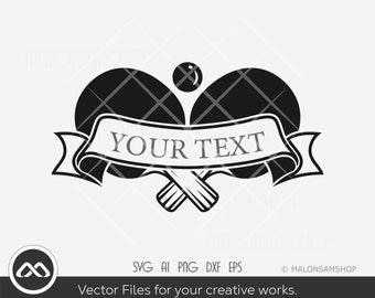 May include: Black and white illustration of two crossed table tennis paddles with a ball above them and a banner that says "YOUR TEXT".