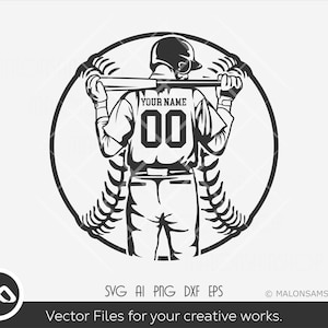 May include: Black and white illustration of a baseball player in a batting stance with a baseball bat and a baseball behind him. The player is wearing a jersey with the text "YOUR NAME" and the number "00".