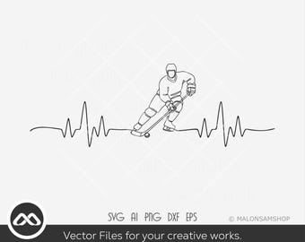 Hockey Player Heartbeat SVG PNG DxF AI EpS | Ice Hockey Pulse Line Vector Clipart | Hockey Silhouette Line Art Cricut Design