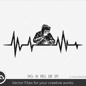 Puede incluir: Silueta en blanco y negro de un soldador con máscara de soldar y sosteniendo una antorcha de soldar. El soldador está situado delante de un gráfico de latido del corazón estilizado.