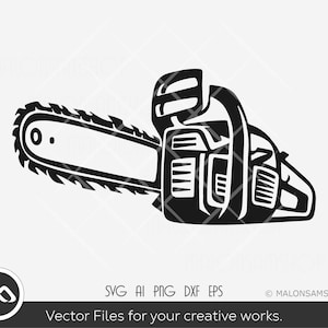 May include: Black and white silhouette of a chainsaw with a serrated blade. The chainsaw is a power tool used for cutting wood.