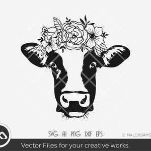 Heifer SVG Cow with flower - cow svg, cow face svg, cow head svg, farm animal svg, dxf, eps, png for lovers