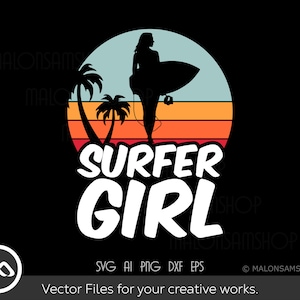 May include: A retro-style graphic design featuring a silhouette of a surfer girl standing on a surfboard with a sunset background and palm trees. The text "Surfer Girl" is written in white letters.