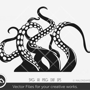 May include: Black and white silhouette of an octopus tentacle with suckers. The tentacles are curled and twisted, creating a dynamic and abstract design.