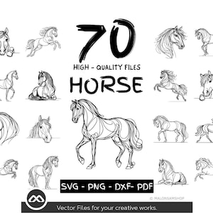 70 Horse Line Art SVG Bundle for Cricut and Silhouette, Horse PNG DxF PDF Files for Sublimation, Horse Clipart Digital Download Set