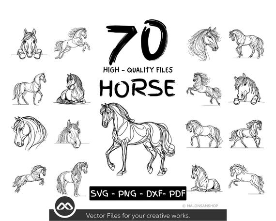 70 Horse Line Art SVG Bundle for Cricut and Silhouette, Horse PNG DxF PDF Files for Sublimation, Horse Clipart Digital Download Set