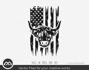 Highland cow SVG file, US flag, cow face svg, cow head svg, png, dxf, cut file, cricut
