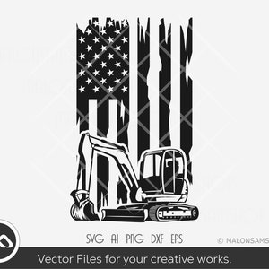 Excavator SVG Us flag - excavator svg, excavator clipart, backhoe svg, heavy equipment svg, clipart, png, dxf