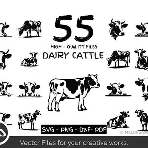 55 Dairy Cow SVG PnG DXF PDF Bundle, Farm Animal Silhouette Clipart, Highland Cow Head Vector, Milk Cow Line Art, Cricut Cut Files