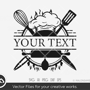 May include: Black and white illustration of a chef's hat with crossed kitchen utensils, including a whisk, spatula, rolling pin, and knife. The text "YOUR TEXT" is displayed in a banner above the chef's hat.