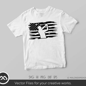 May include: A white t-shirt with a black silhouette of a golfer swinging a club in front of a distressed American flag design.