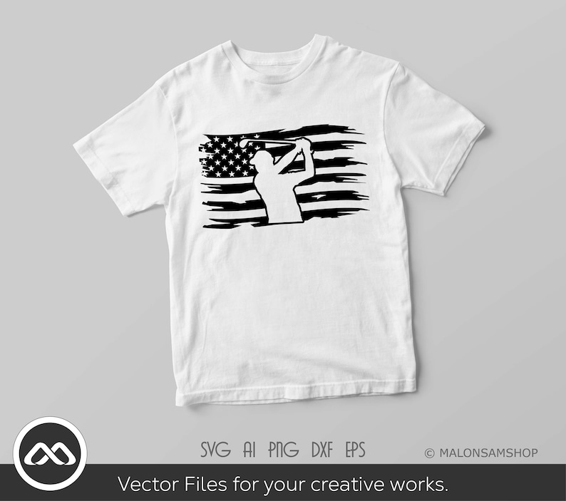May include: A white t-shirt with a black silhouette of a golfer swinging a club in front of a distressed American flag design.