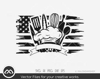 May include: Black and white vector graphic featuring a chef's hat and kitchen utensils, including a spatula, knife, whisk, rolling pin, and spoon. The design is set against a distressed American flag background with a blank banner. The text at the bottom says "Vector Files for your creative works."