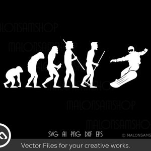 Könnte beinhalten: Eine schwarz-weiße Silhouette der Evolution des Menschen, die mit einem Snowboarder endet. Das Bild ist ein Grafikdesign mit dem Text "MALONSAMSHOP", der sich wiederholt.