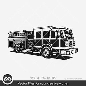 May include: Black and white illustration of a fire truck. The image shows the side view of a fire truck with a ladder, compartments, and detailed features. The text at the bottom reads "Vector Files for your creative works."