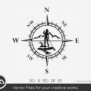 May include: Black and white silhouette of a person paddleboarding with mountains in the background, inside a compass with the directions north, south, east, and west.