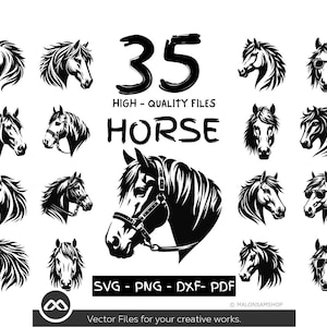 35 Pferdekopf SVG-Bundle für Cricut und Silhouette, schwarzes Pferd Clipart PNG DxF PDF-Dateien für Sublimation und Vinyl Crafts