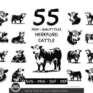 Puede incluir: Un conjunto de 55 ilustraciones vectoriales en blanco y negro de ganado Hereford en varias poses. Las ilustraciones son perfectas para usar en proyectos digitales, como diseño de sitios web, gráficos de redes sociales y materiales impresos.