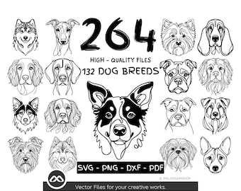 Vector Dog Heads Clipart - Line Art Digital Illustration - Breeds ...