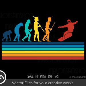 May include: A colorful illustration of the evolution of humans, ending with a person snowboarding down a rainbow striped mountain. The text "MALONSAMSHOP" appears at the top and bottom of the image.