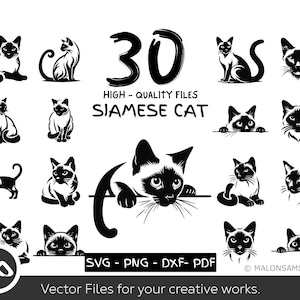 May include: A set of 30 black and white vector illustrations of Siamese cats in various poses. The illustrations are perfect for use in crafting projects, digital designs, and more.