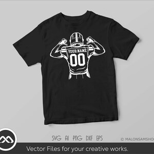 May include: Black t-shirt with a white graphic of a football player flexing his muscles. The player is wearing a jersey with the text "YOUR NAME" and the number "00".