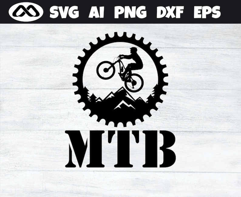 May include: Black and white silhouette of a mountain biker jumping over a mountain range with the word "MTB" below. The biker is in mid-air with their bike, and the mountain range is stylized with peaks and valleys.