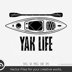 May include: Black and white silhouette of a kayak with a paddle above it. The text "YAK LIFE" is below the kayak.