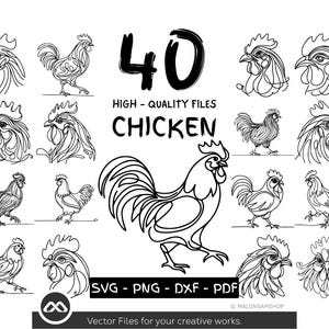40 Chicken Line Art SVG PNG DxF PDF Files for Cricut and Silhouette | Rooster Farm Animal Clipart | Chicken Outline Vector Bundle