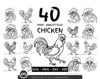 40 Chicken Line Art SVG PNG DxF PDF Files for Cricut and Silhouette | Rooster Farm Animal Clipart | Chicken Outline Vector Bundle