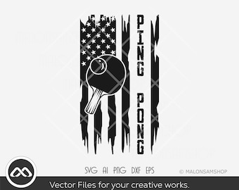 May include: Black and white distressed American flag design with a ping pong paddle and ball. The text "PING PONG" is vertically oriented on the right side of the flag.
