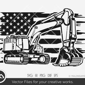 Excavator SVG US flag - excavator svg, excavator clipart, backhoe svg, heavy equipment svg, silhouette, png
