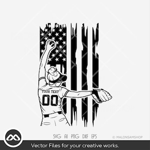 May include: Black and white vector graphic of a softball pitcher in action, set against a distressed American flag. The pitcher is wearing a jersey with the number "00" and the text "YOUR TEXT". The image is a vector file.