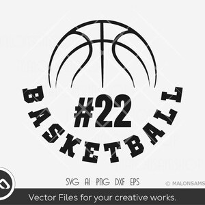 Może przedstawiać: Czarno-biała grafika koszykówki ze słowem "BASKETBALL" zakrzywionym wokół piłki i numerem "#22" w środku.