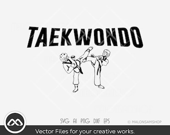May include: Black and white illustration of two people practicing Taekwondo. The word "TAEKWONDO" is written in bold black letters above the figures.
